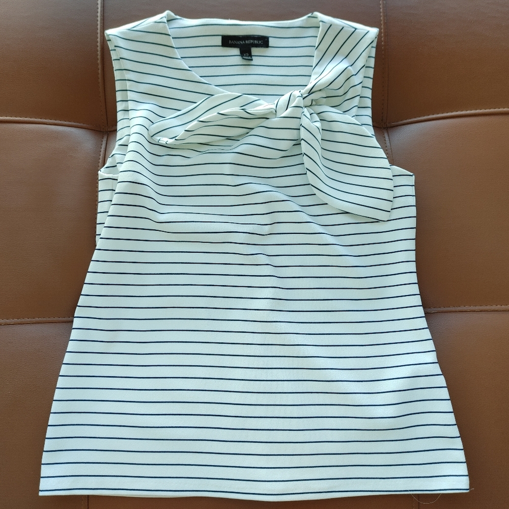 Banana Republic Striped Blouse with Neck Bow - White with Navy Stripes - Size XS